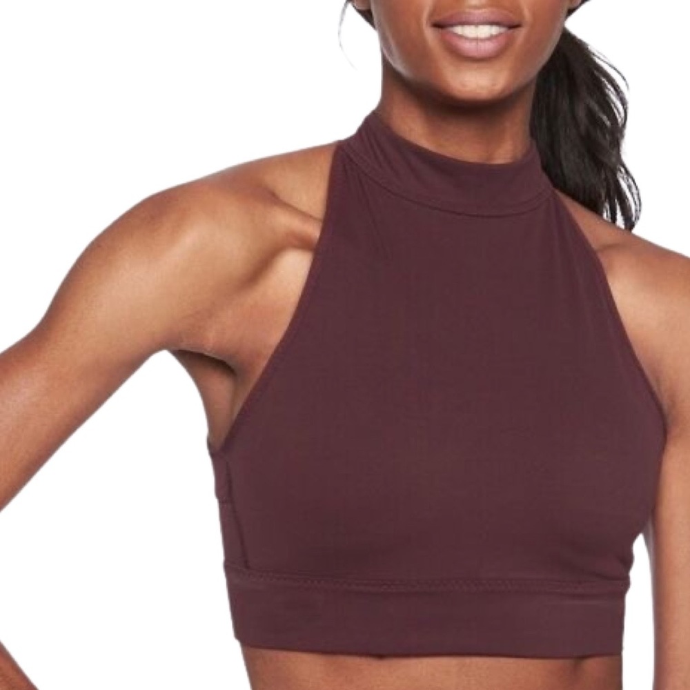 Athleta Vinyasa Sports Bra Womens Small Burgundy Red High Neck Open Back Halter